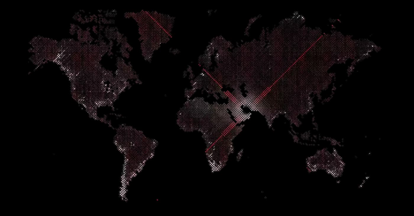 World map pixelated with light putting the focus on UAE, decorative