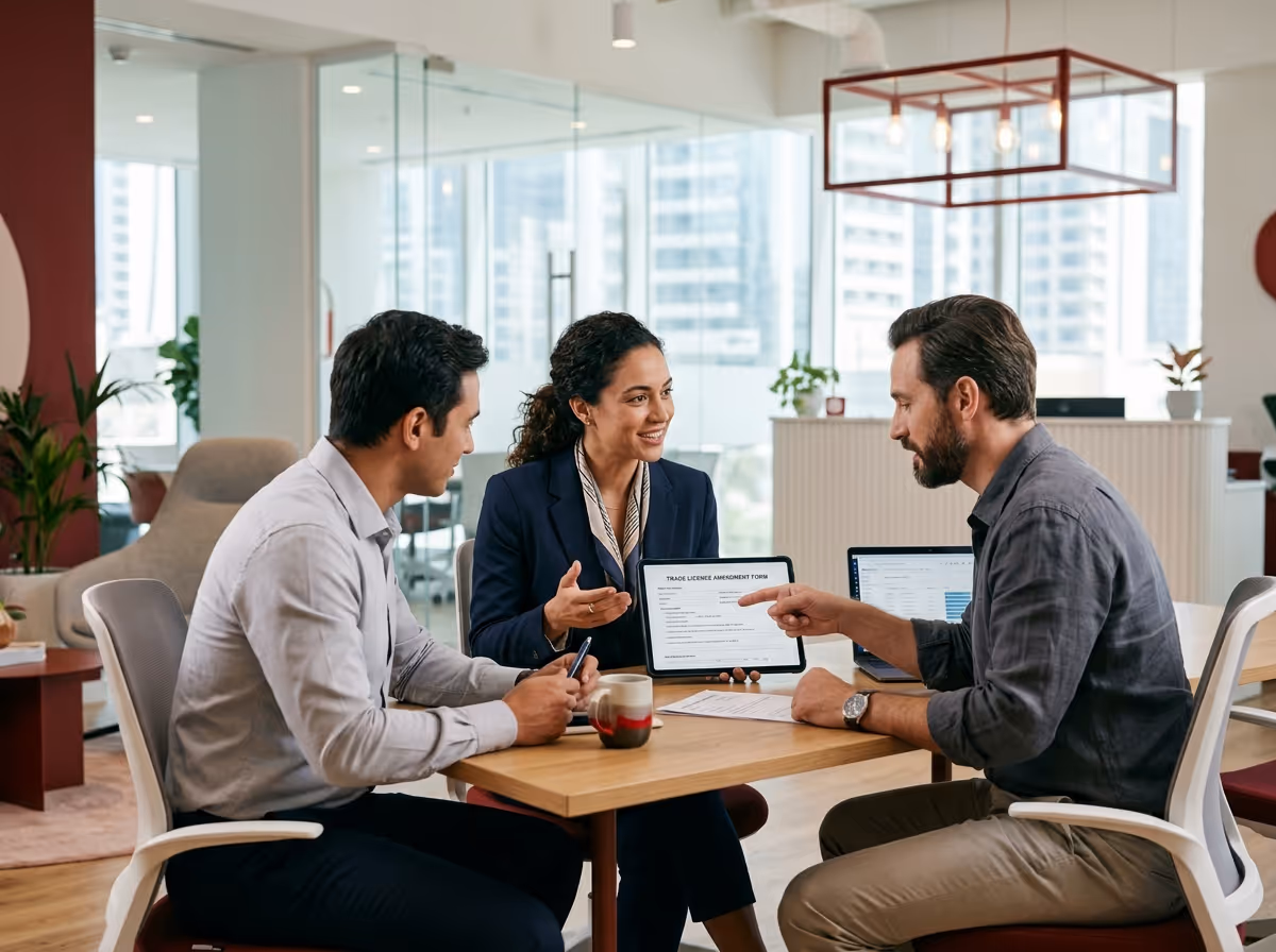 Three professionals are seated around a wooden table in a modern office, discussing a document on a tablet.