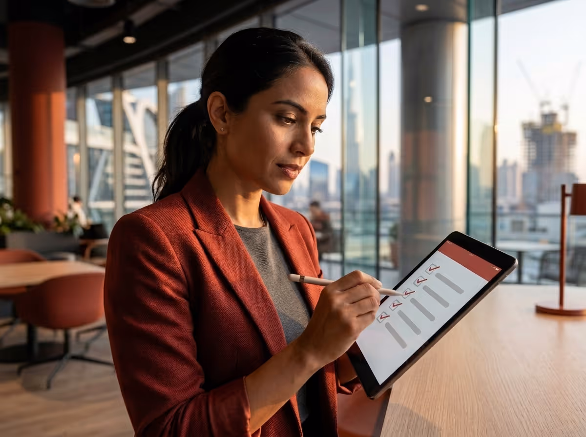 A woman in a rust-colored blazer uses a stylus on a tablet with a checklist, in a modern office with city views.