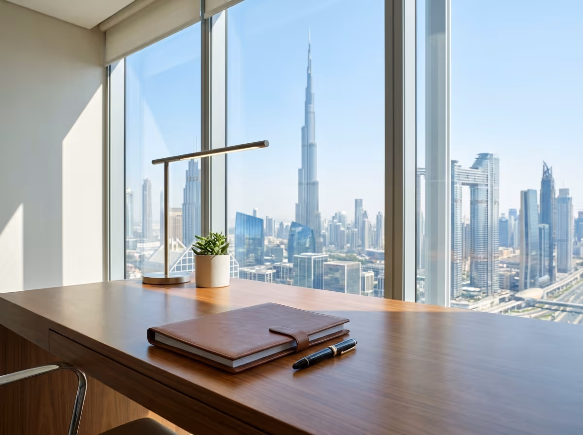 A wooden desk with a notebook, pen, and plant sits by a window overlooking the Dubai skyline with the Burj Khalifa.