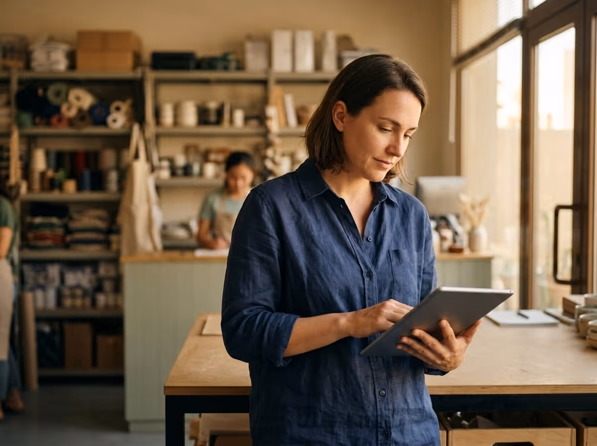 A woman in a navy shirt stands in a sunlit workshop, looking down at a tablet and a folder.