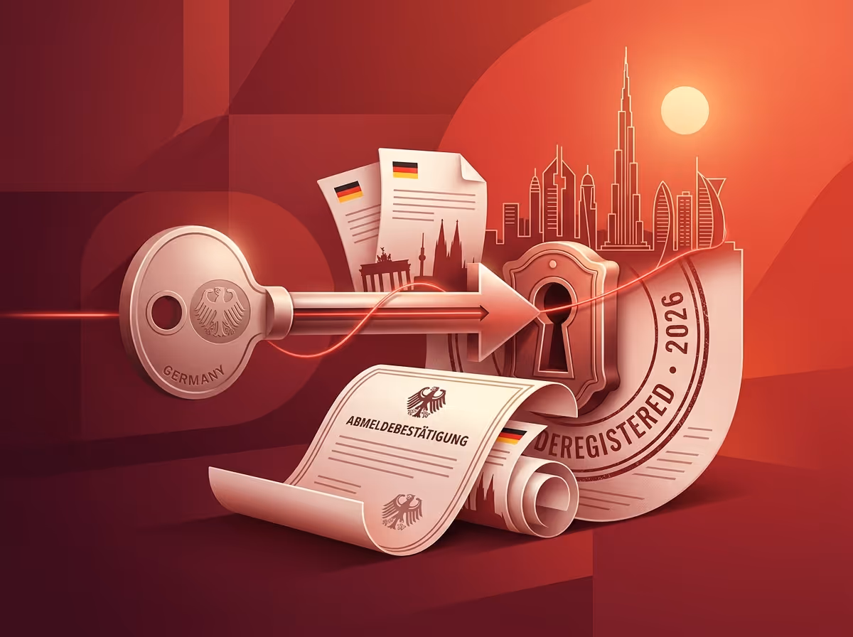 An illustration shows a key labeled "Germany" pointing to a lock, with German documents and a Dubai skyline in shades of red.