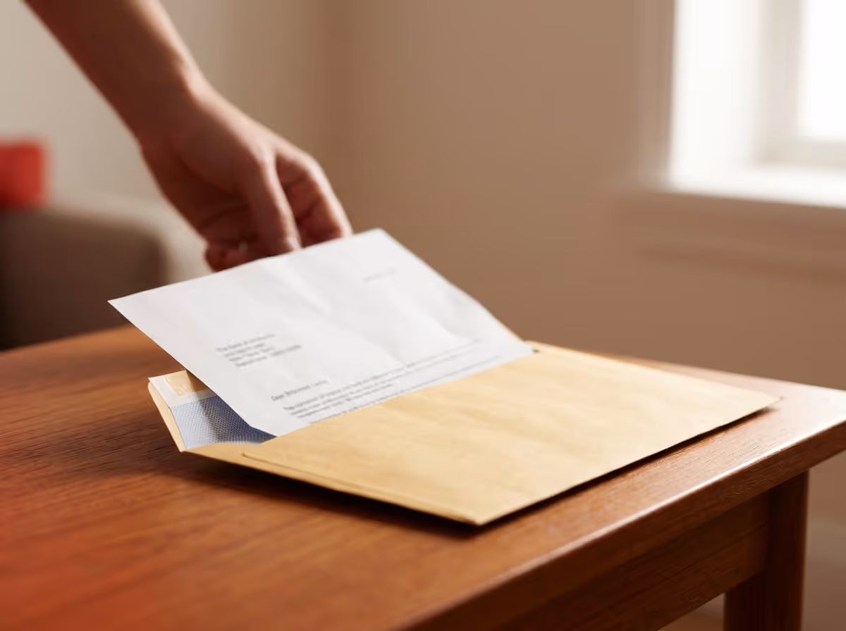 A hand pulls a white letter from a brown envelope on a wooden table. A window is visible in the background.
