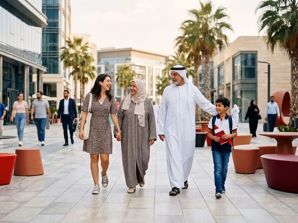 A family of four, including a man, two women, and a boy, walks hand-in-hand on a paved street in a modern city.