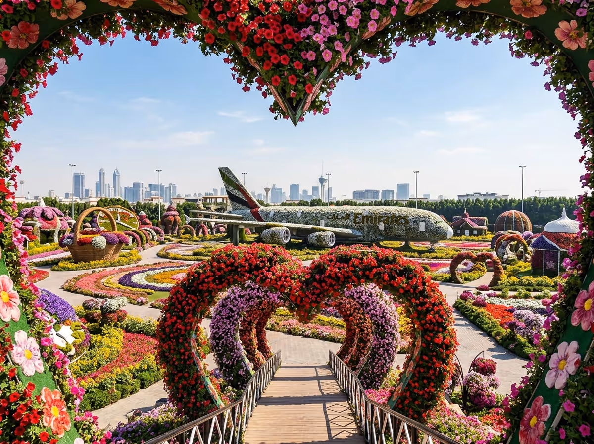A flower garden with an Emirates airplane covered in flowers, seen through a heart-shaped flower archway.