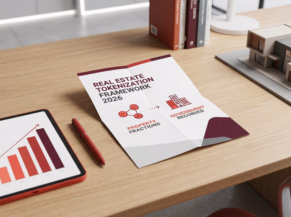 A white paper titled "Real Estate Tokenization Framework 2026" lies on a wooden desk next to a tablet and a pen.