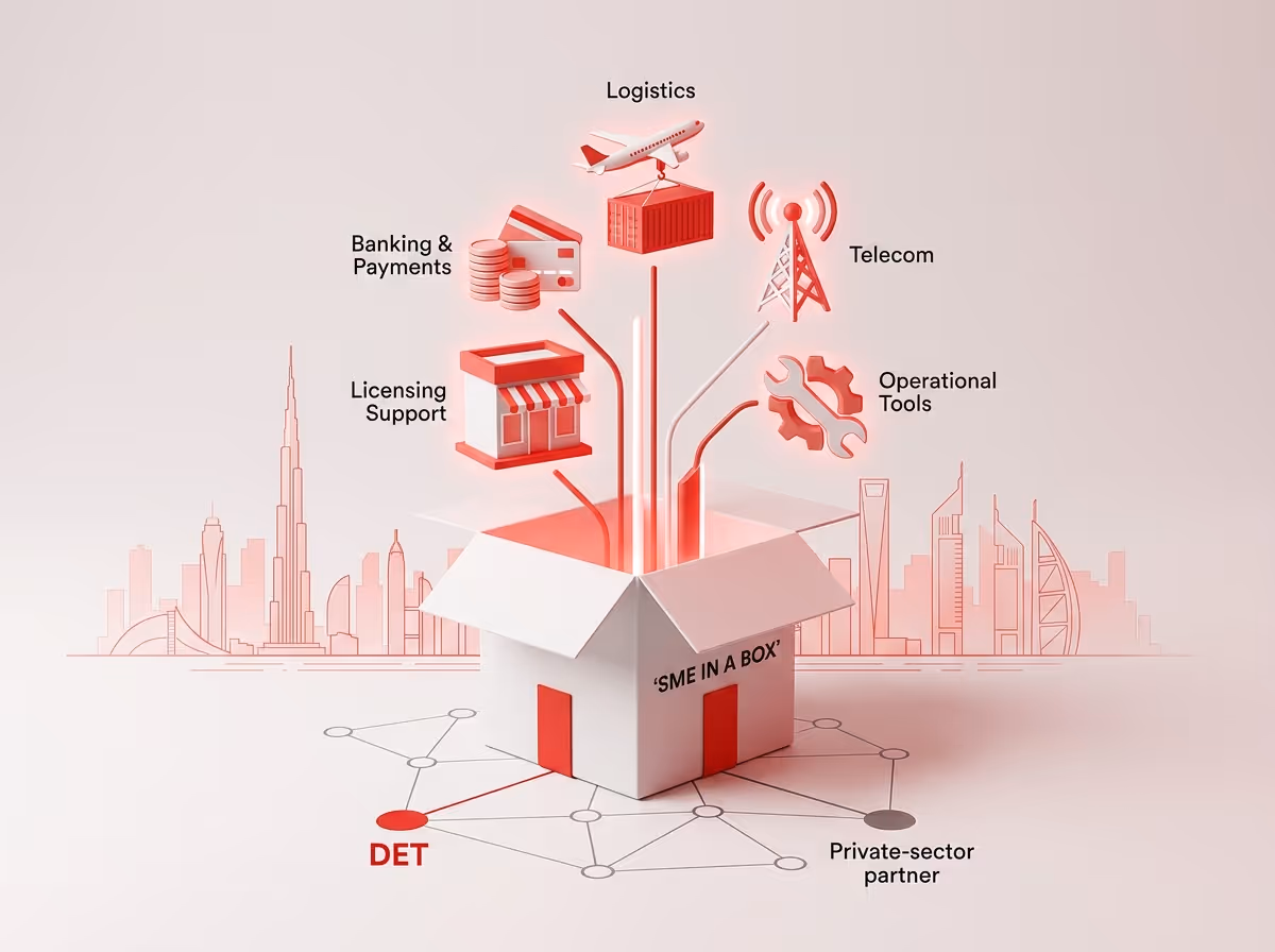 A white box labeled 'SME in a box' with red lines connecting to icons representing business services.
