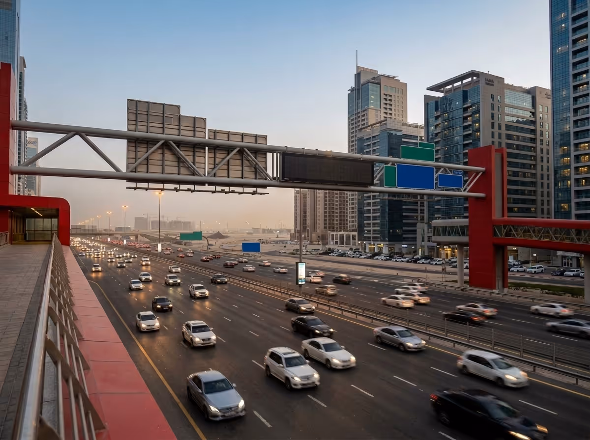 Heavy traffic on a multi-lane Dubai highway at dusk, seen from a footbridge, with towers and an overhead sign gantry.
