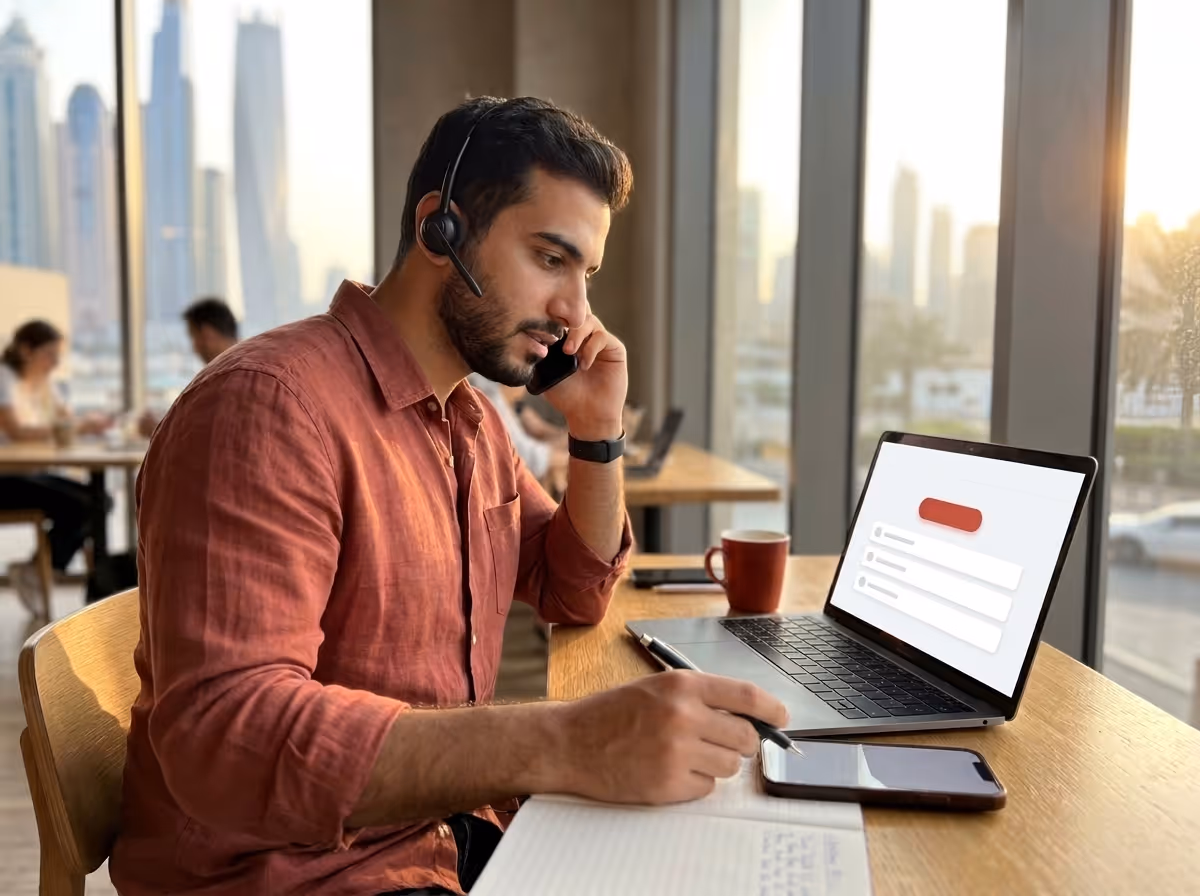 A man in a red shirt wears a headset, talks on a phone, and writes in a notebook at a desk with a laptop and a red mug.