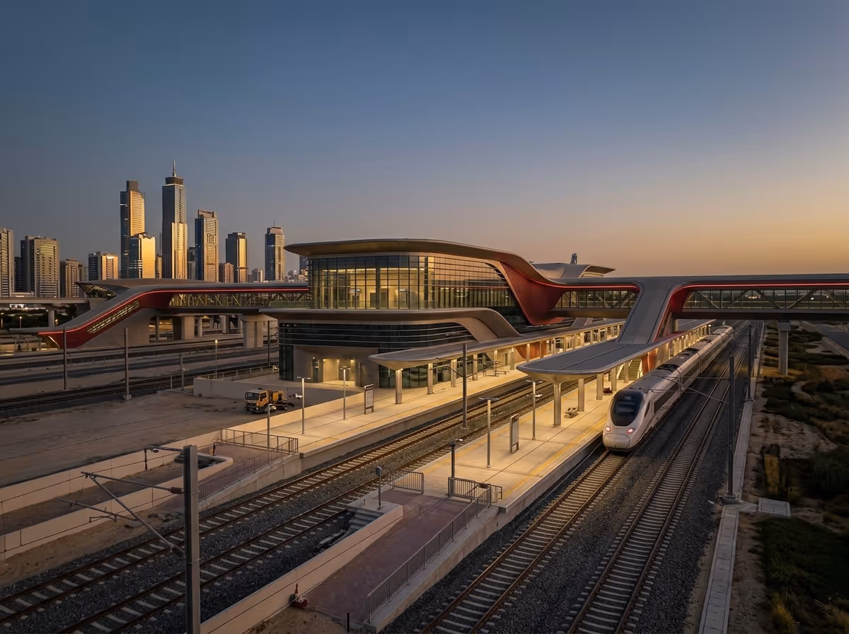 A modern train station with a sleek red and gray design is illuminated by the setting sun.