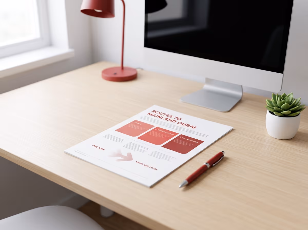 A document titled "Routes to Mainland Dubai" lies on a wooden desk next to a red lamp, a monitor, and a succulent.