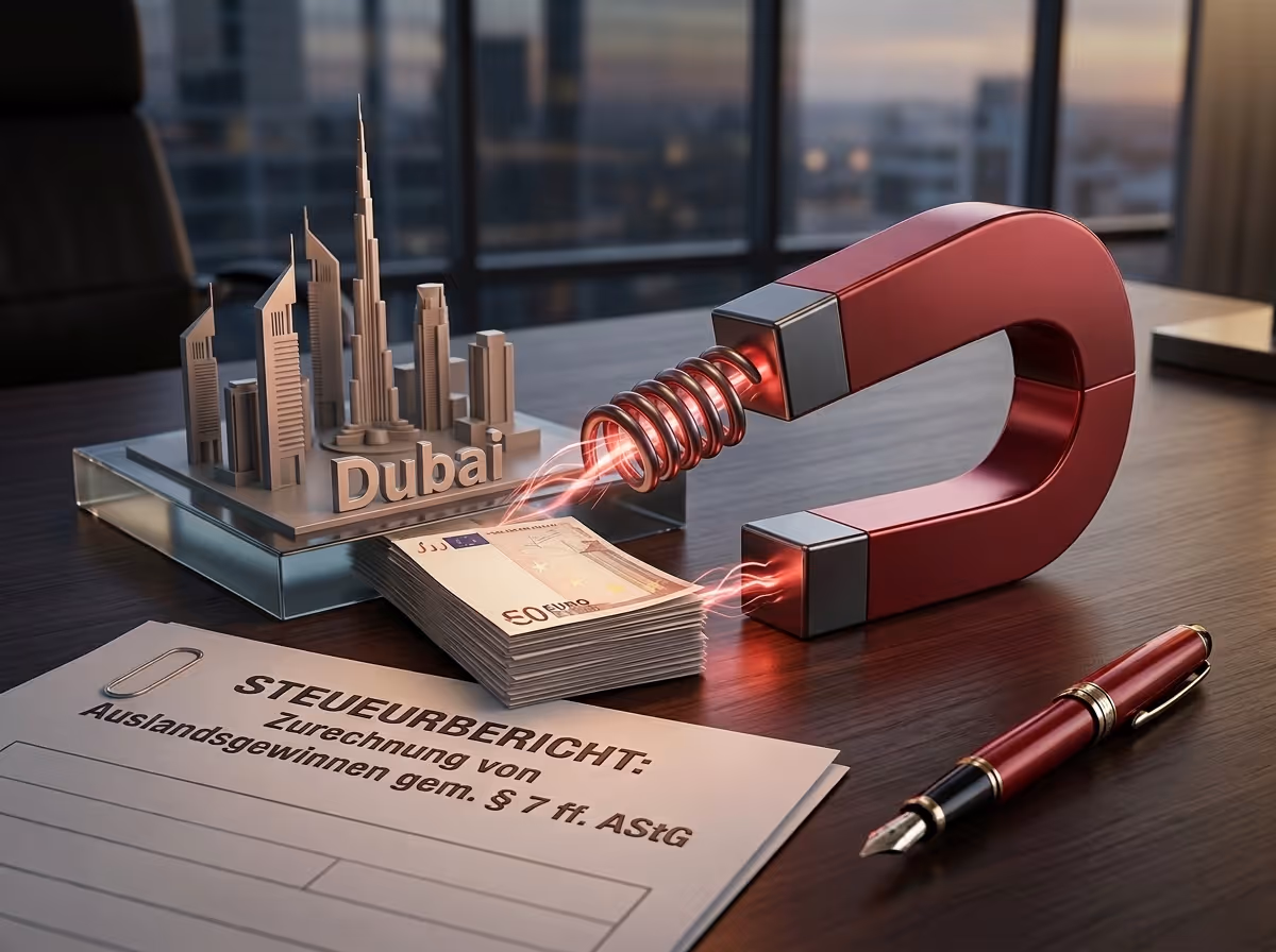 A red magnet attracts Euro banknotes and a Dubai skyline model on a wooden desk with a tax report and pen.