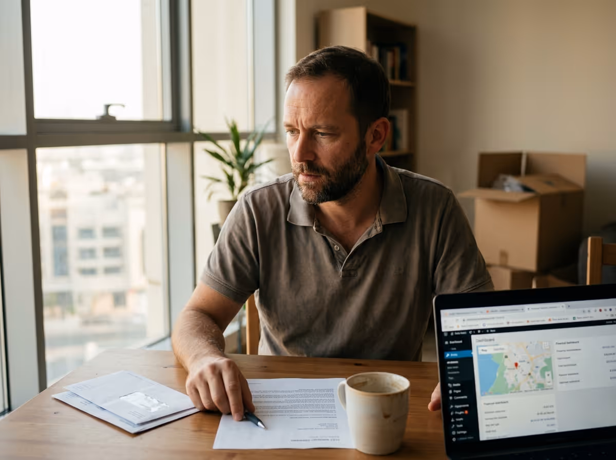 A man with a beard sits at a wooden table, looking contemplatively at documents, with a laptop and coffee mug nearby.