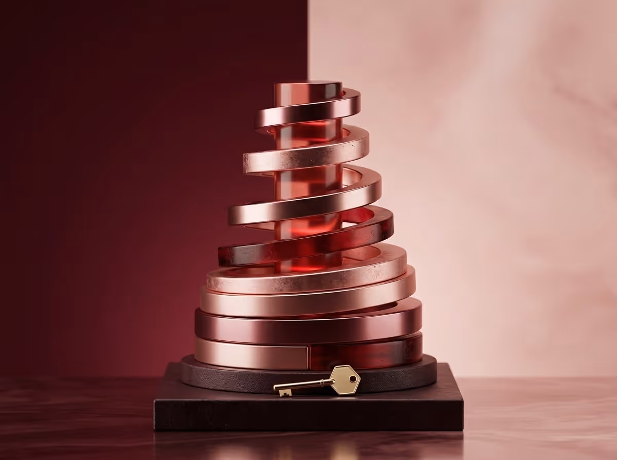 A golden key rests on a dark pedestal below a spiral stack of rose gold rings with a glowing red core.