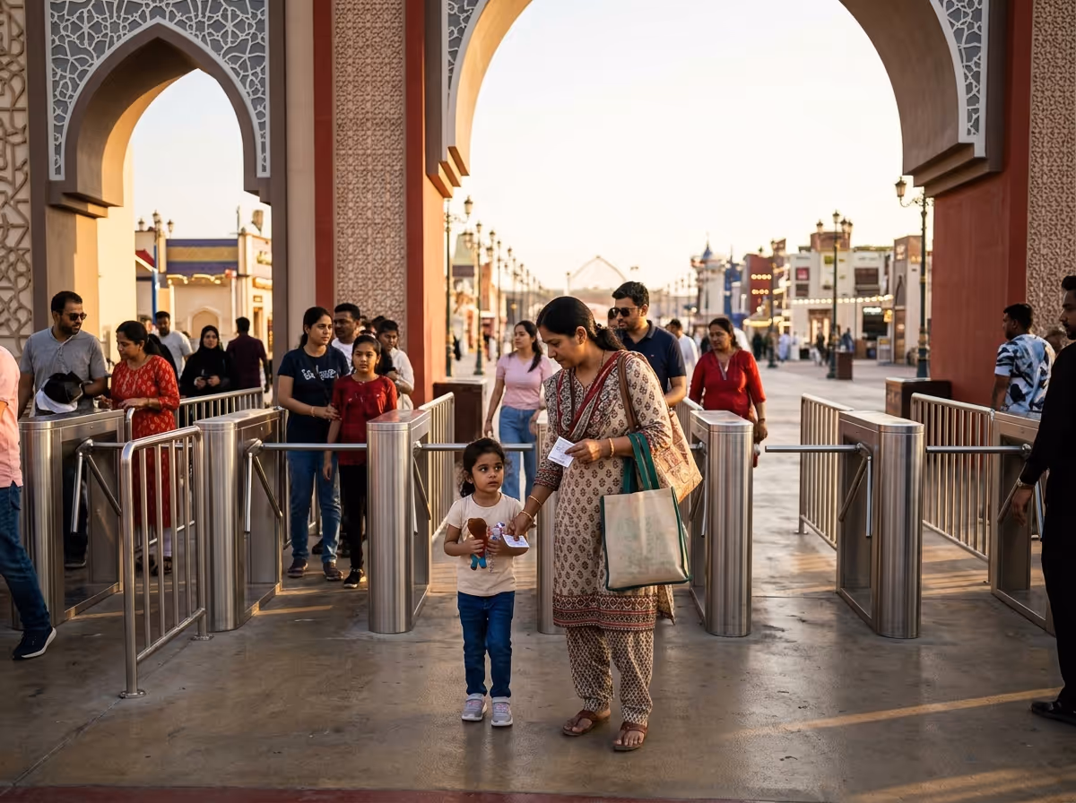 A woman and a young girl pass the entry turnstiles at Global Village Dubai, with arches and pavilions behind them.