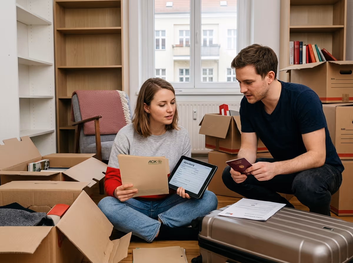 A couple sits on the floor surrounded by moving boxes, looking at a tablet and documents.