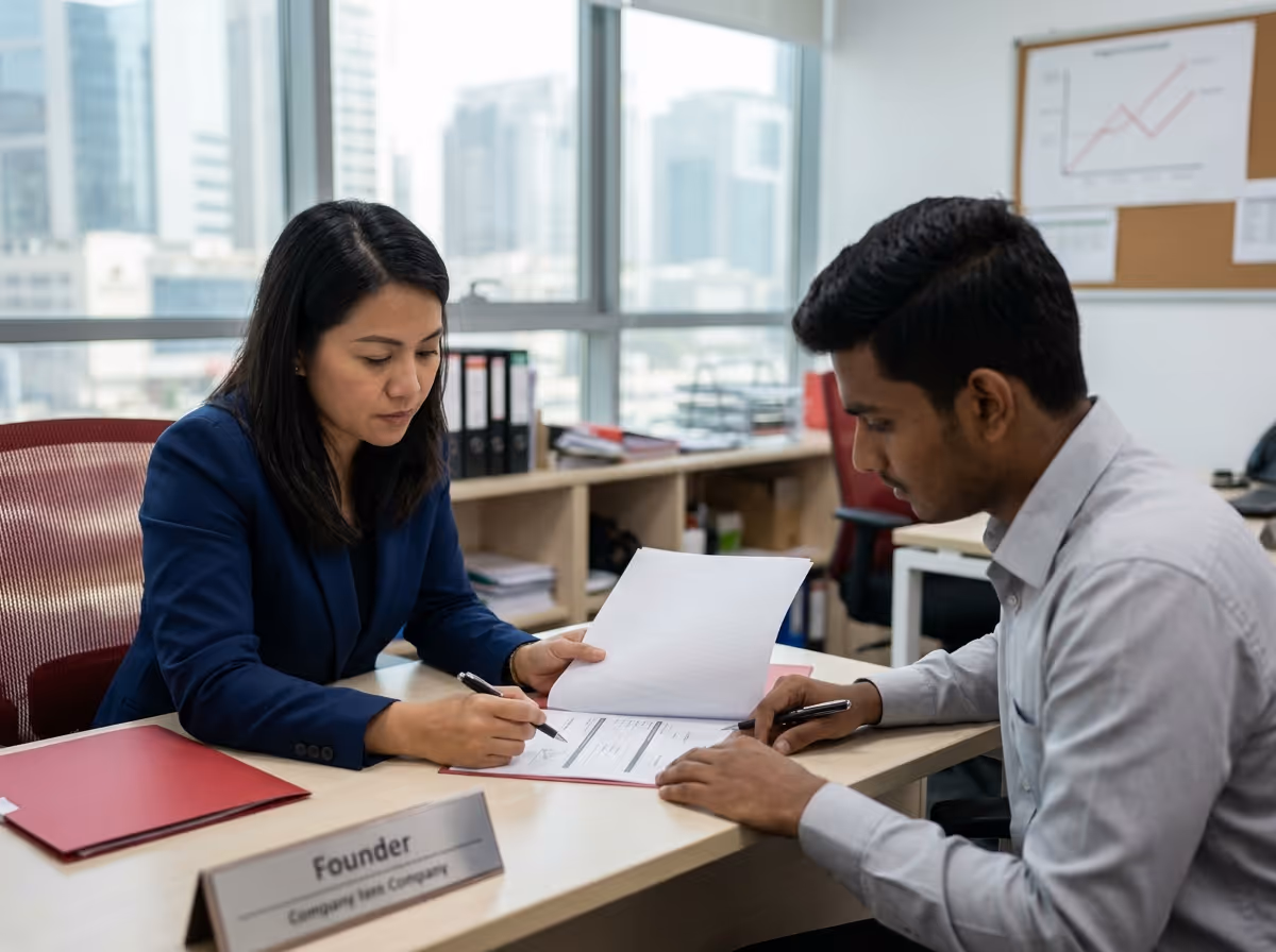 A woman in a blue suit and a man in a gray shirt sit at a desk, reviewing documents in an office with large windows.