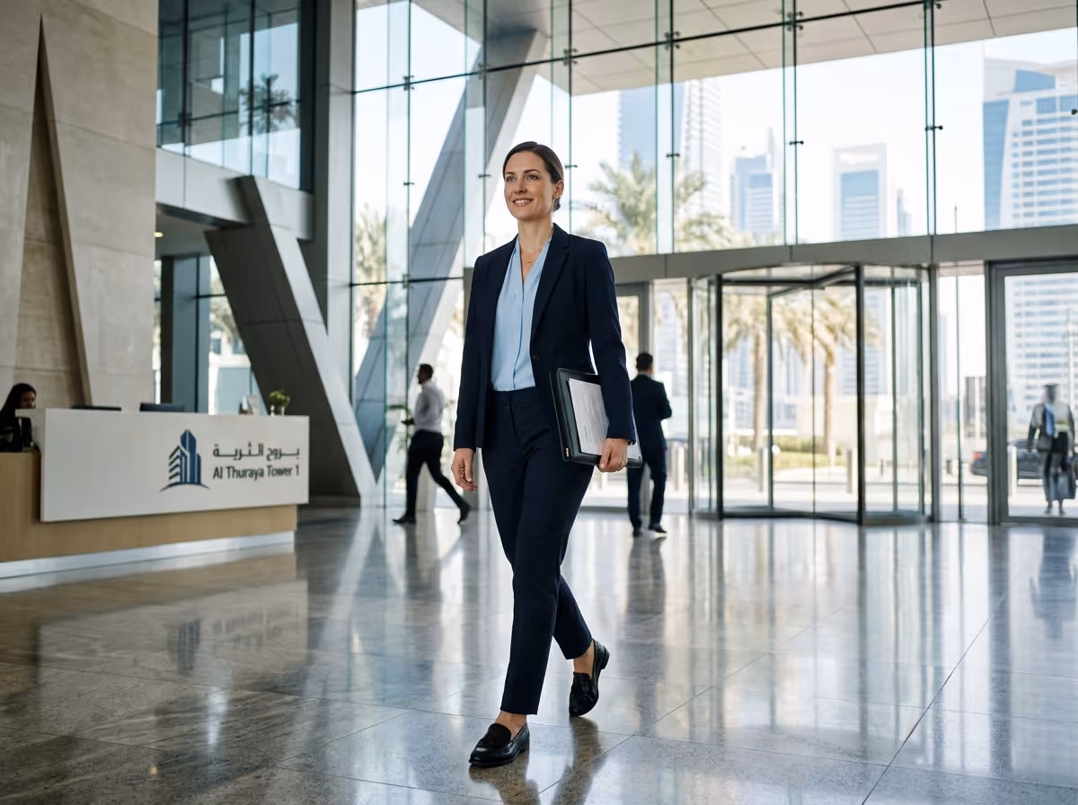 A smiling woman in a dark suit walks through a modern, sunlit lobby with a folder in her hand.