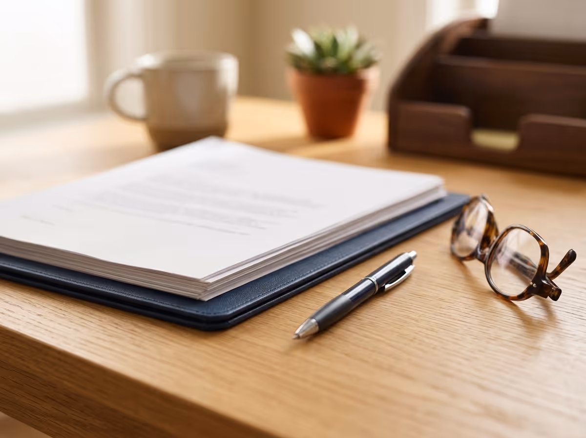 A stack of papers on a blue folder, a pen, and glasses rest on a light wooden desk, with a mug and plant in the background.