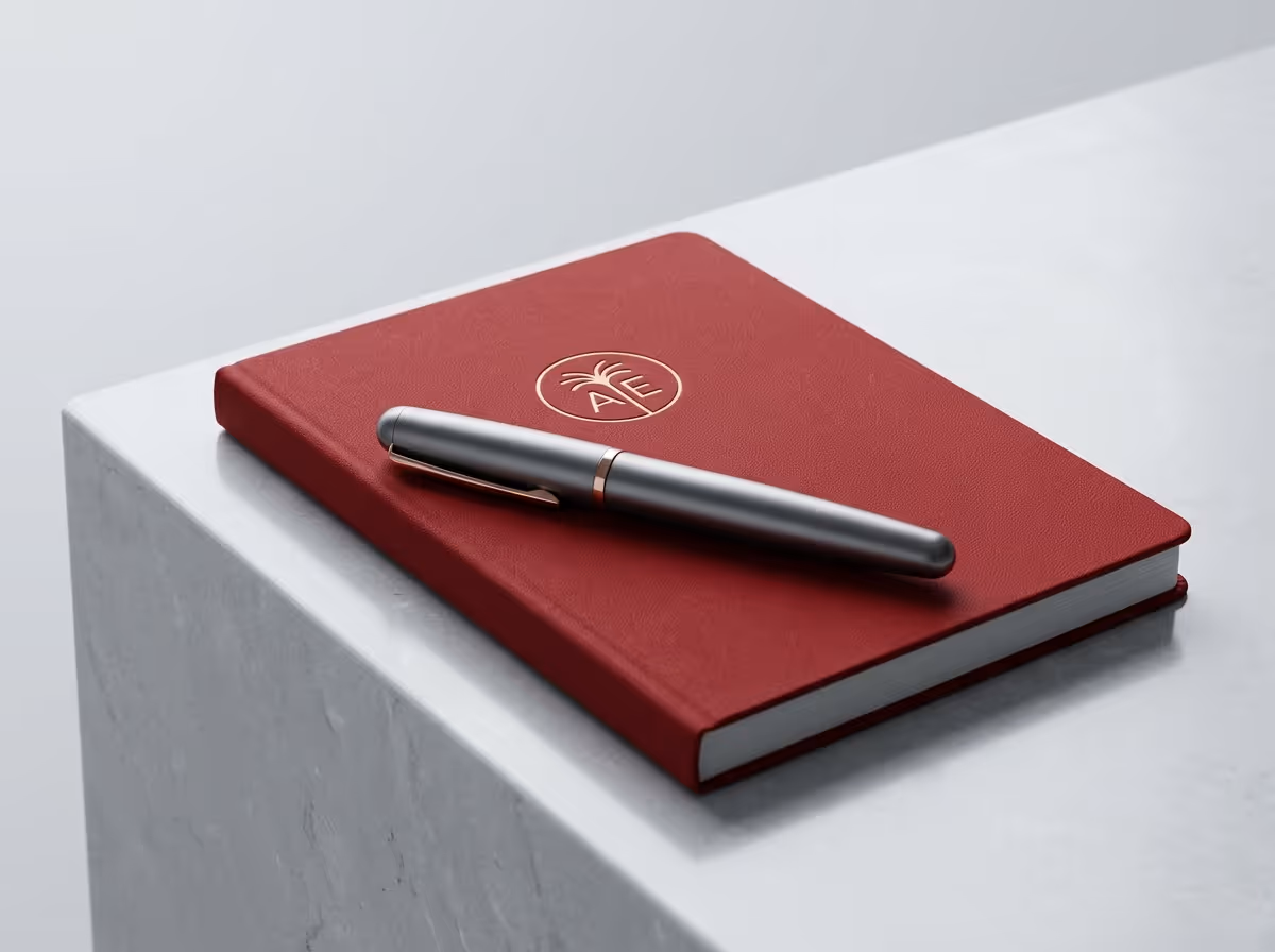 A dark red notebook with a gold logo and a sleek gray pen with a rose gold clip lie on a white marble surface.