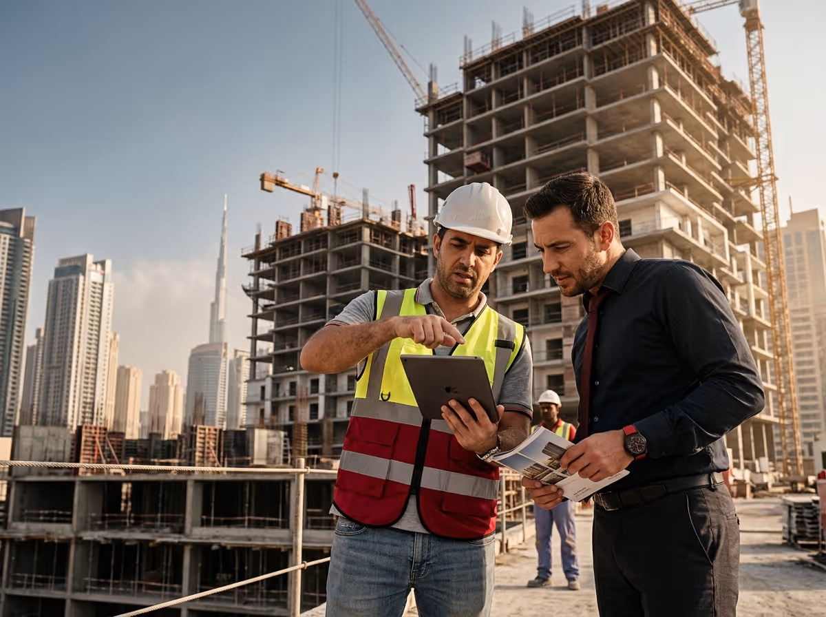 Two men, one in a hard hat and safety vest, review a tablet and documents at a construction site with city buildings.