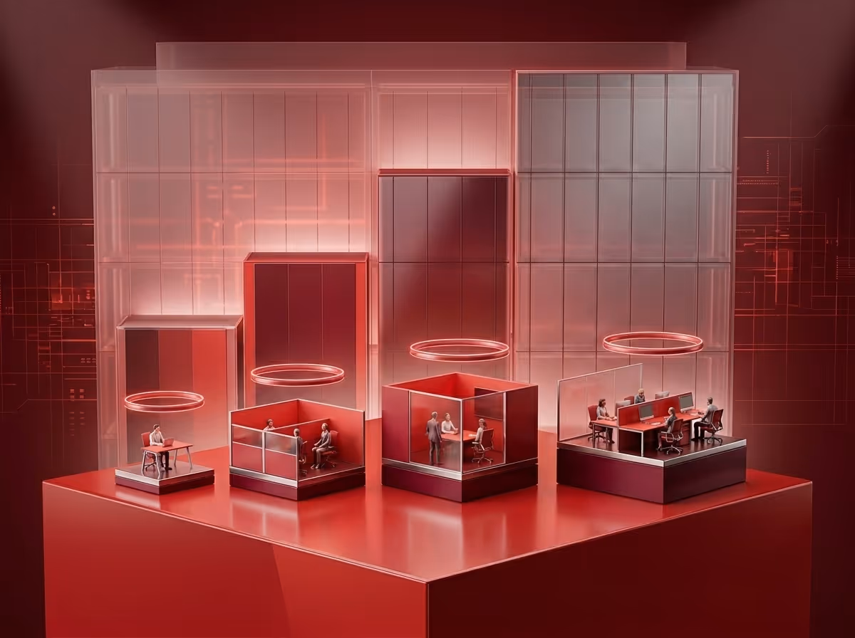 Miniature office setups with tiny people working, displayed on a red platform against a red background with glowing lines.