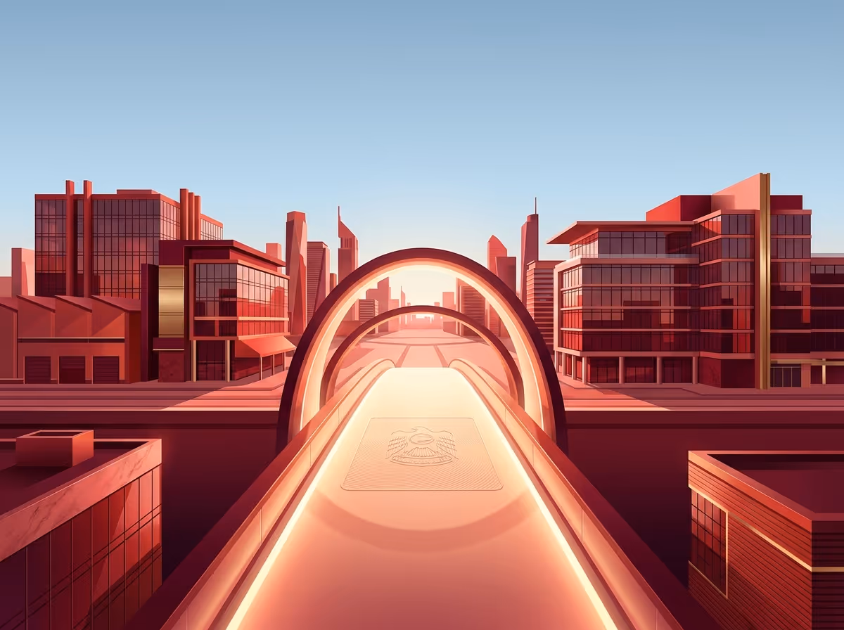 A stylized city with red buildings and skyscrapers under a clear blue sky, featuring a glowing arched bridge.