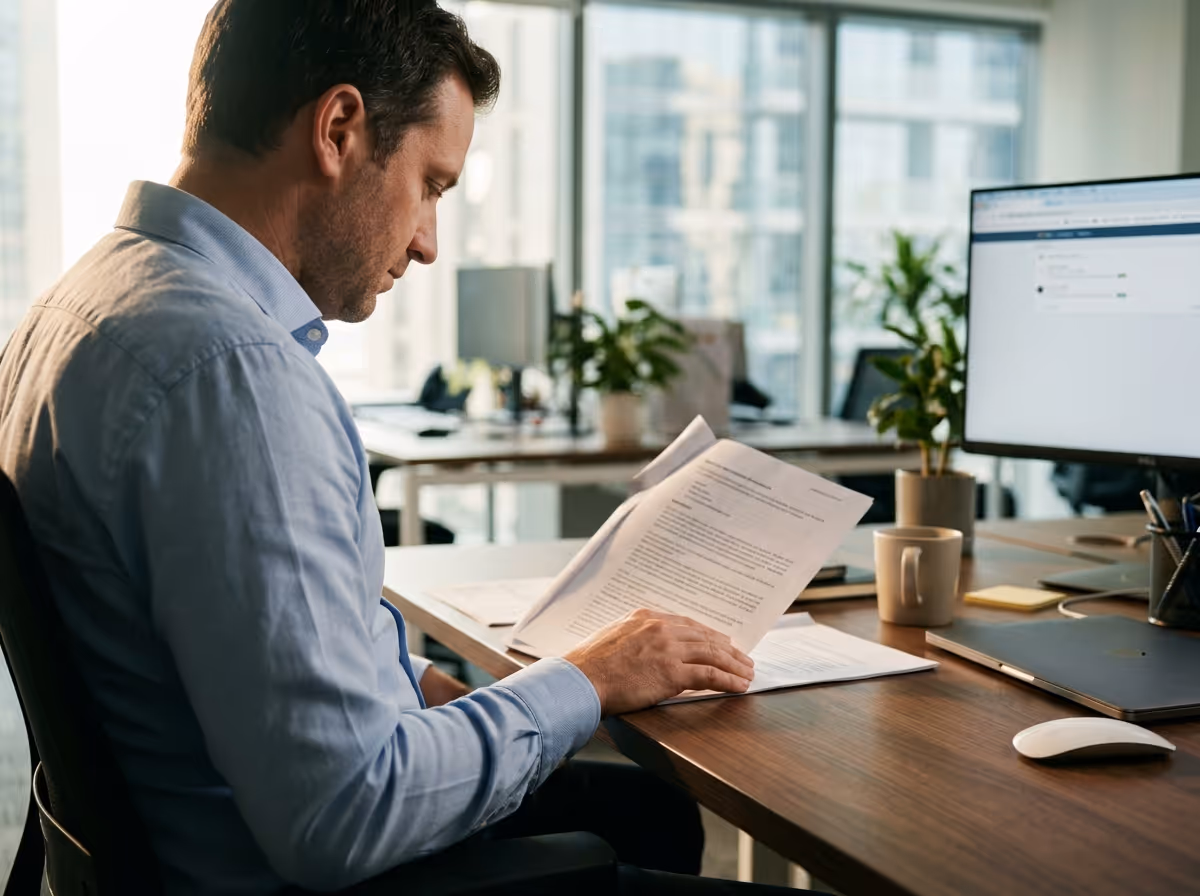 A man in a light blue shirt sits at a wooden desk in an office.