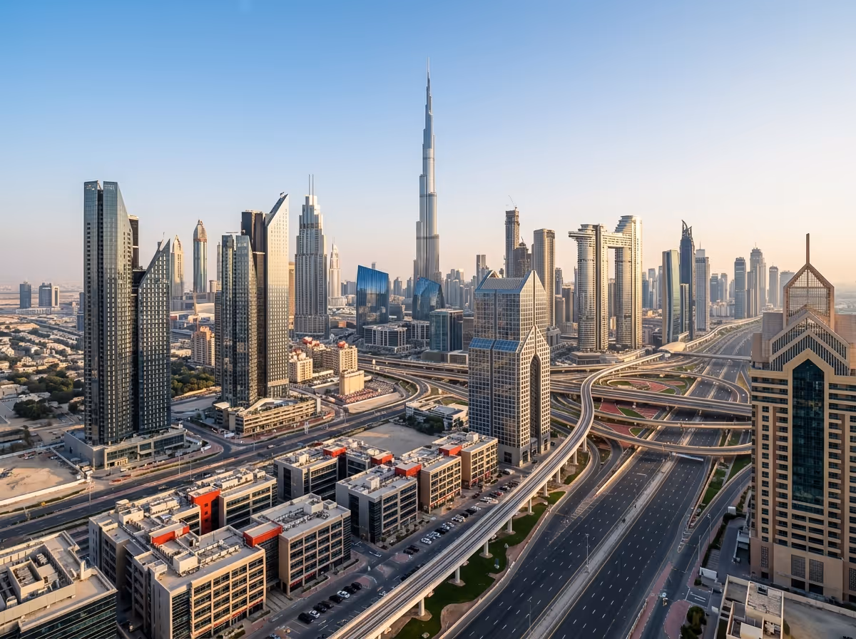 An aerial view of Dubai's skyline with the Burj Khalifa towering over numerous skyscrapers and a complex highway interchange.