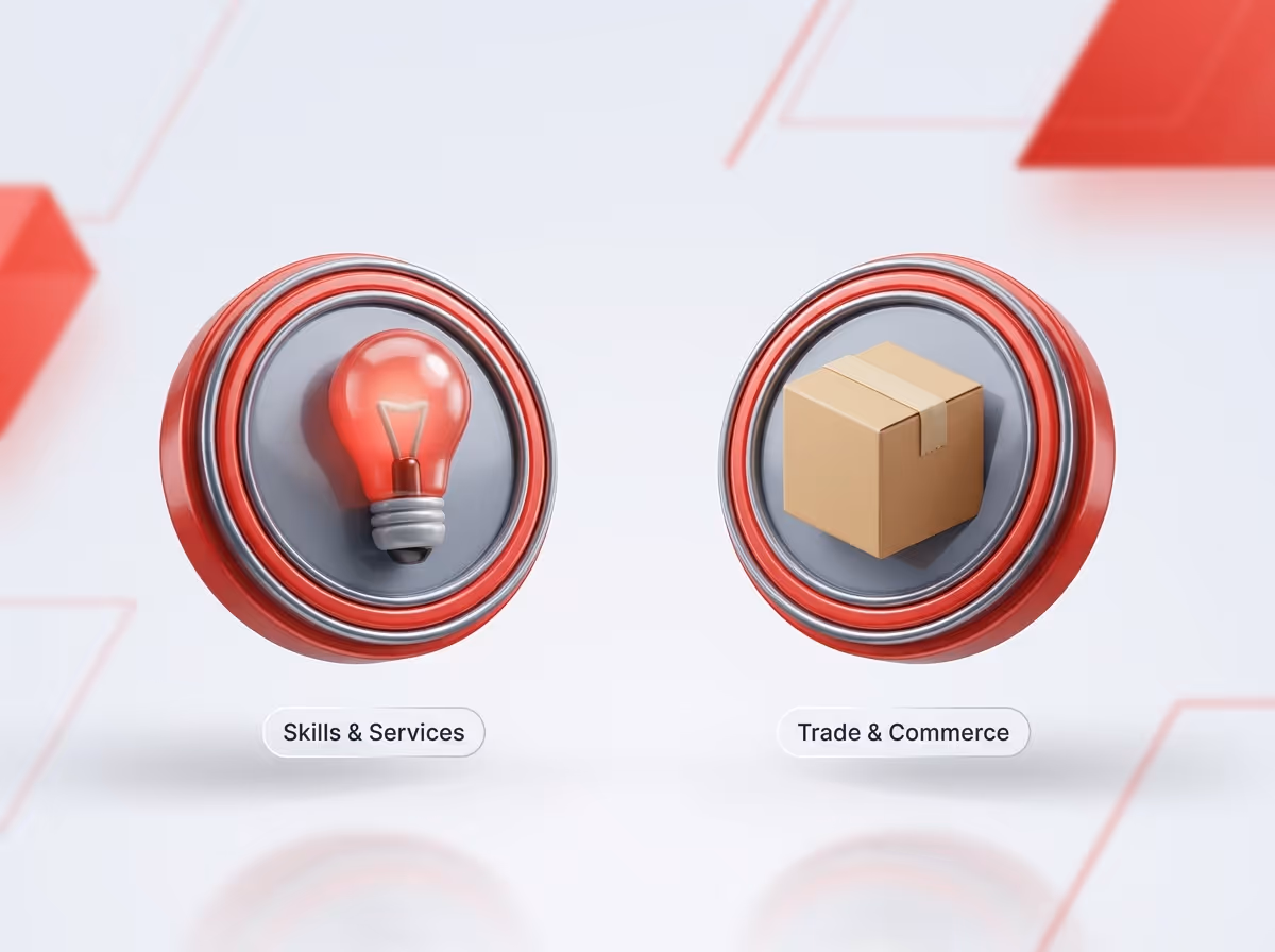 Two 3D badges: a red lightbulb labeled Skills and Services and a cardboard box labeled Trade and Commerce.