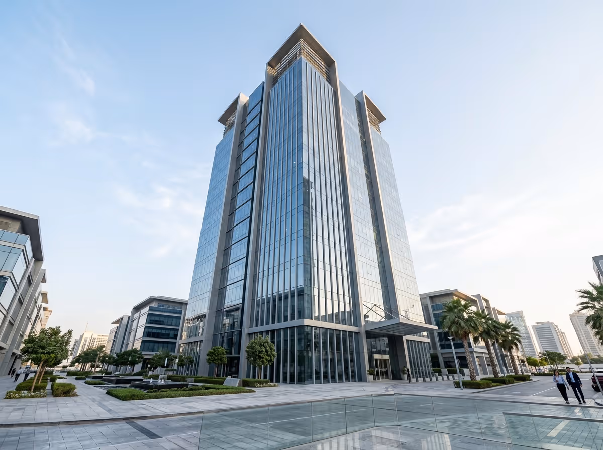 A modern glass skyscraper with a grey facade stands tall under a clear sky, surrounded by other buildings and palm trees.