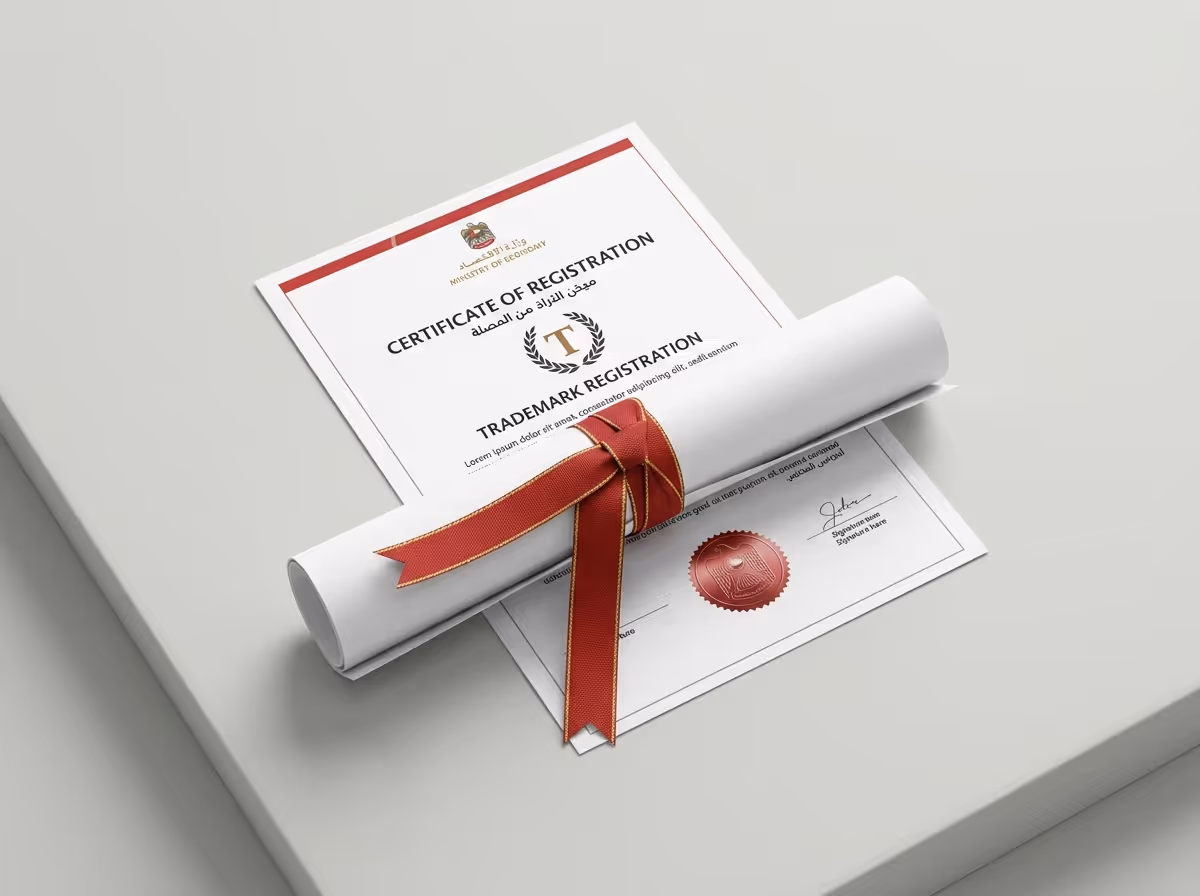 A white certificate with a red border and a rolled-up document tied with a red ribbon sit on a light gray surface.