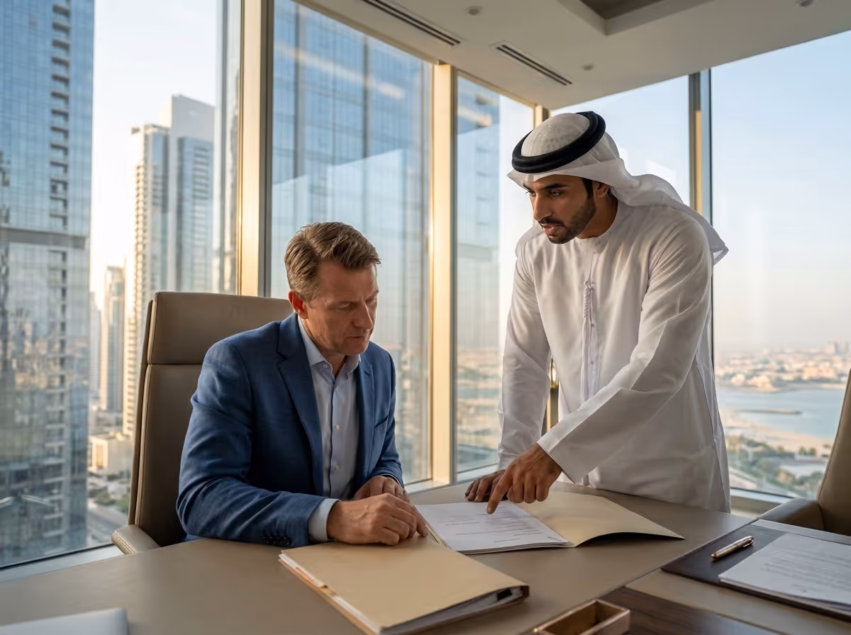 Two men, one in a blue suit and another in a white thobe, review documents at a desk in a high-rise office with city views.