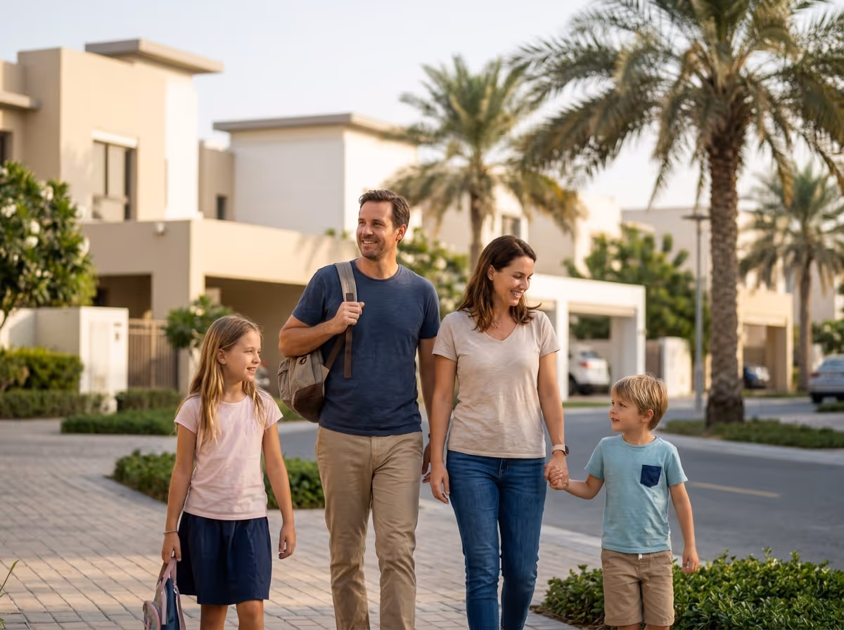 A family of four, a man, woman, girl, and boy, walk along a paved path in a residential area with palm trees and modern.