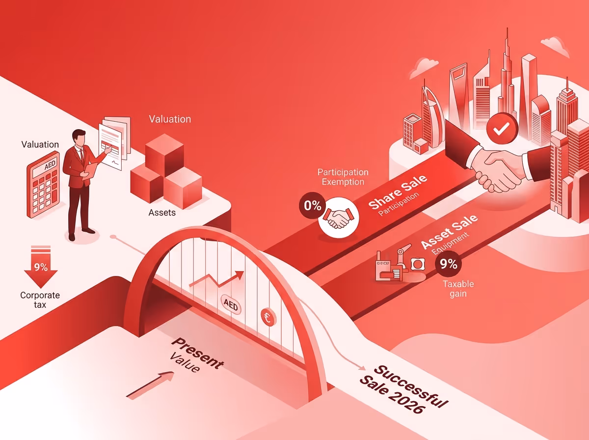 An isometric red and white illustration shows a business process with a man, assets, a bridge, and city buildings.