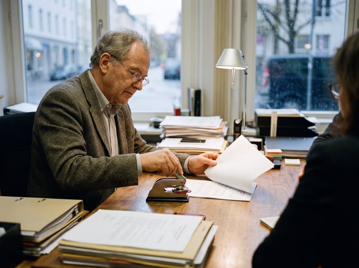 An older man in glasses and a tweed jacket uses an embosser on a document at a wooden desk.