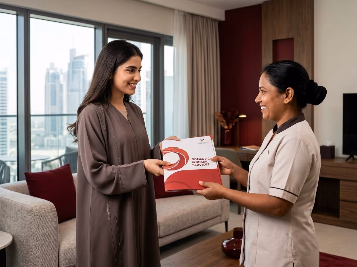 Two smiling women exchange a red and white folder in a modern apartment with a city view.