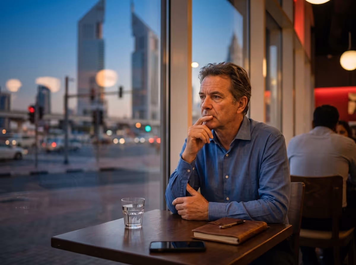 A thoughtful man in a blue shirt sits at a cafe table, looking out a window at a city street with tall buildings.