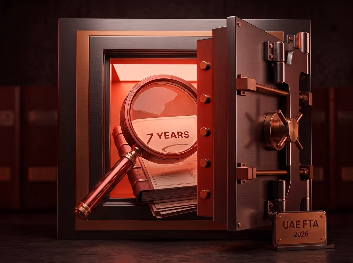 An open metallic safe with a red interior contains a magnifying glass, books, and a document reading "7 YEARS".