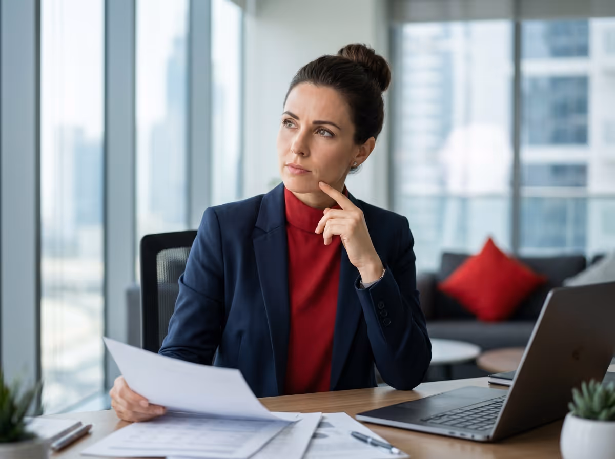 A thoughtful businesswoman in a navy blazer and red top sits at a desk with papers and a laptop, looking up and to the left.