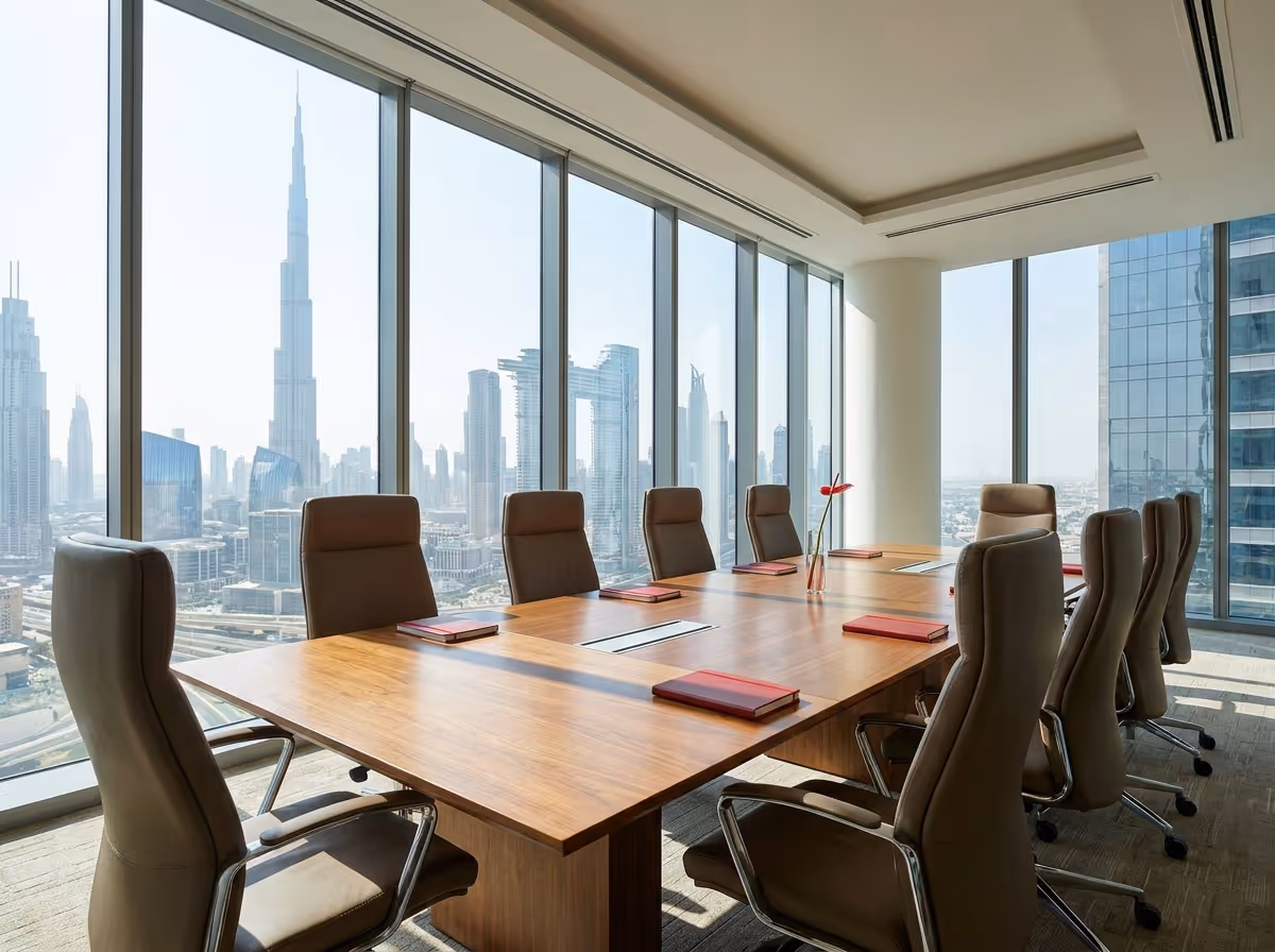 A modern conference room with a large wooden table and brown leather chairs overlooks a cityscape with tall buildings.