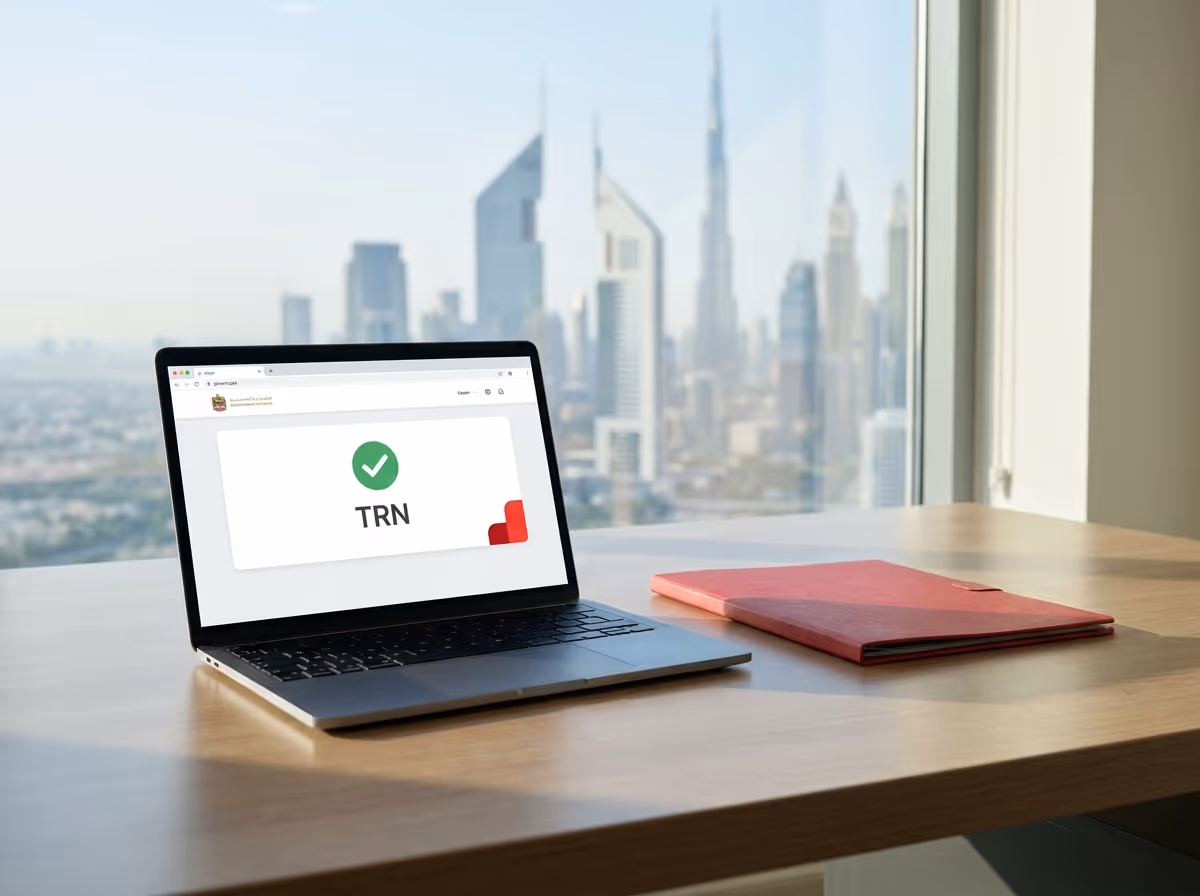 A laptop on a wooden desk displays "TRN" with a green checkmark, overlooking a city skyline with skyscrapers.