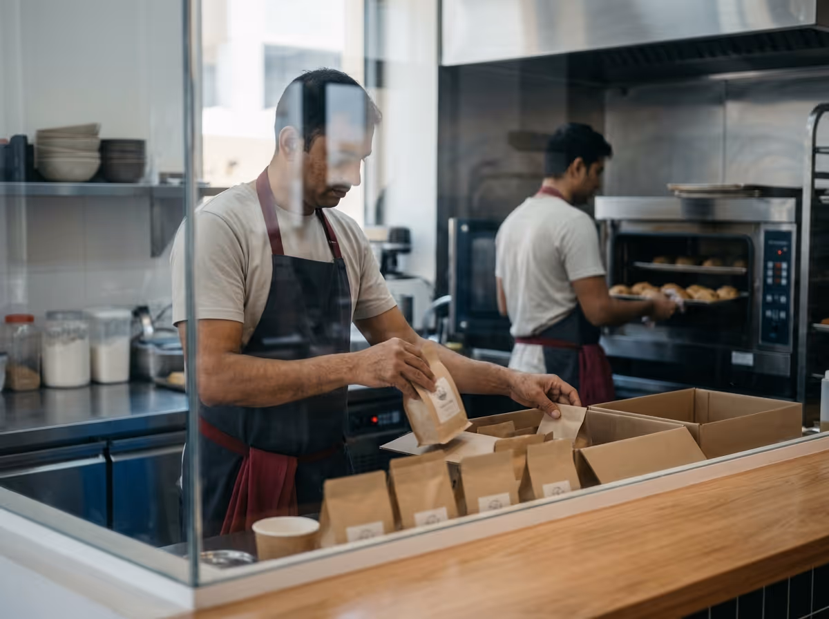 Two men in aprons work in a commercial kitchen; one packs items into boxes, the other puts pastries into an oven.