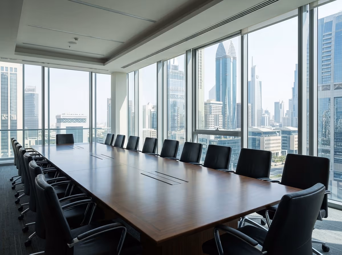 A large, empty conference room with a long wooden table and black chairs, overlooking a city skyline through tall windows.