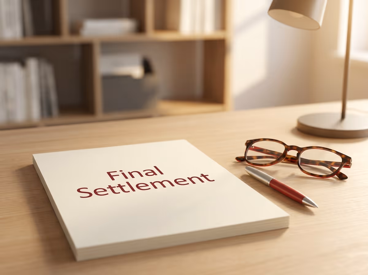 A document titled "Final Settlement" lies on a light wooden desk, next to a pen and tortoiseshell glasses.