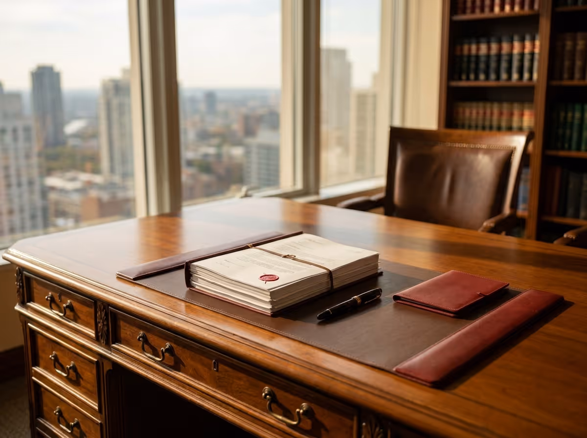A formal document with a red wax seal sits on a wooden desk with a leather blotter, overlooking a city skyline.
