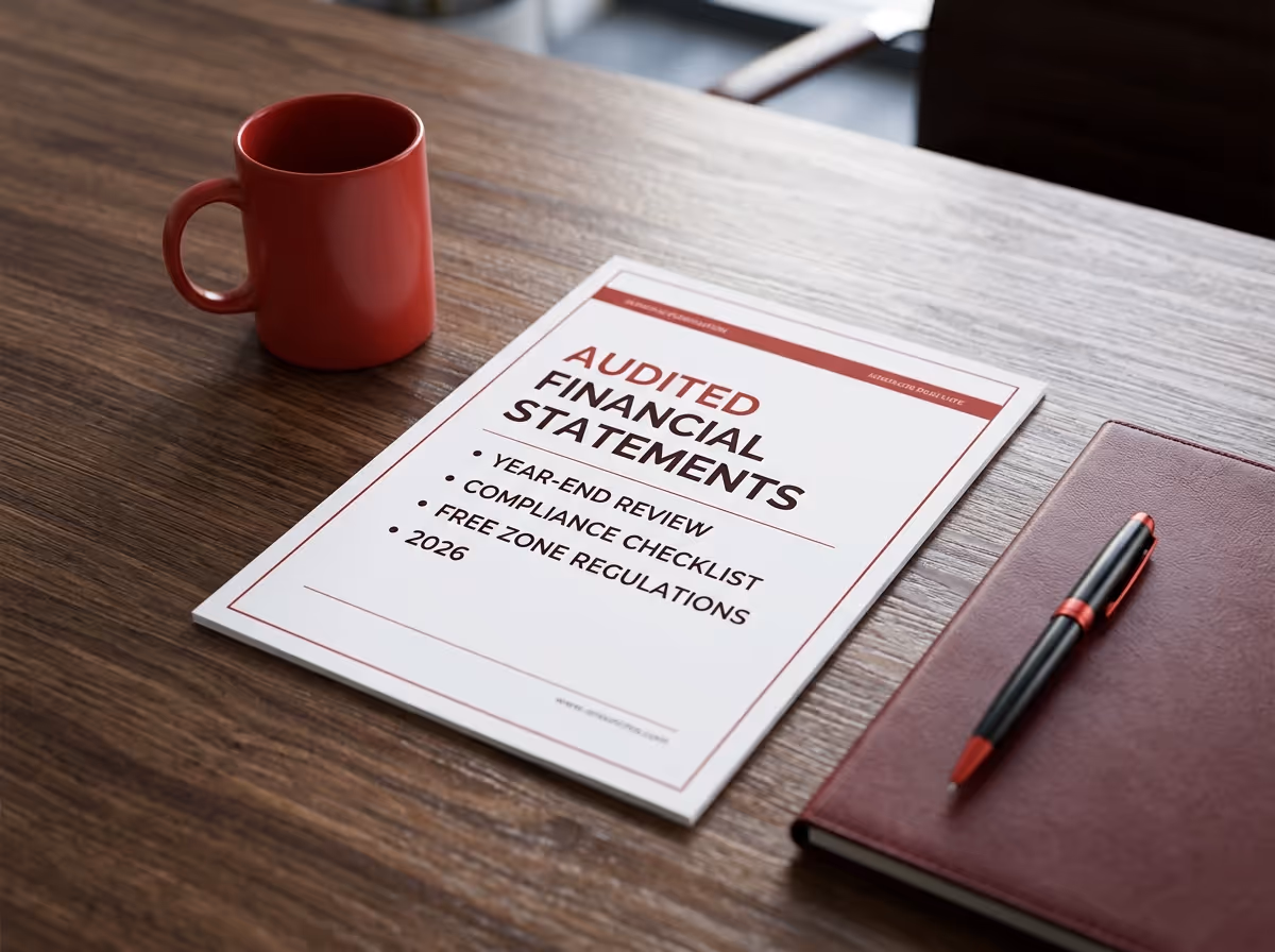 A red mug, a document titled "Audited Financial Statements," and a dark red notebook with a pen are on a wooden desk.