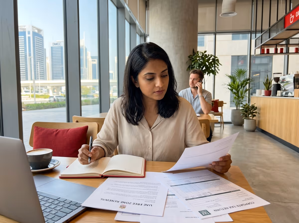 A woman in a beige shirt writes in a notebook at a cafe table with papers, a laptop, and coffee.