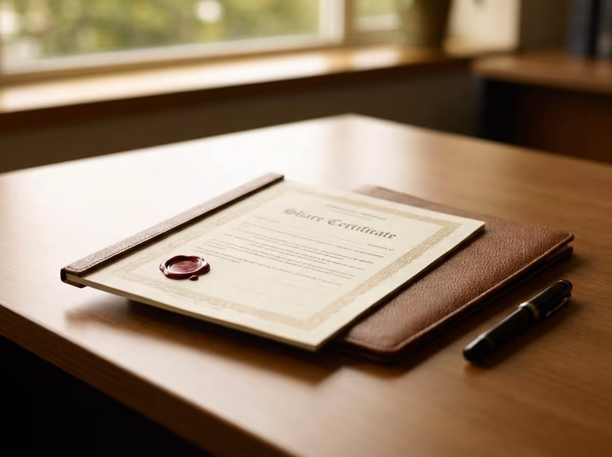 A "Share Certificate" document rests on a brown leather folder and wooden desk near a window. A black pen lies beside it.