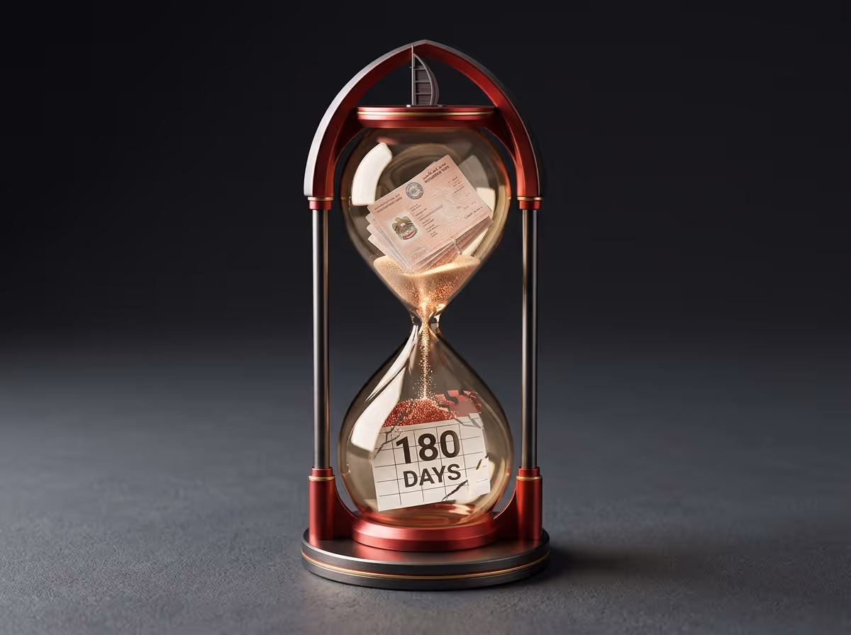 An hourglass with a red frame contains documents and sand. A calendar page with "180 DAYS" is visible at the bottom.